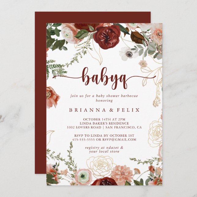 Guld Rustic Blommigt BabyQ Baby Shower Barbecue Inbjudningar (Fram/baksida)