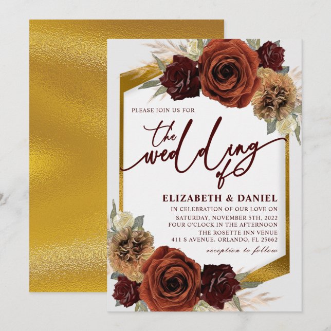 Guld Rustic Blommigt Pampas Grass Bröllop Inbjudningar (Fram/baksida)