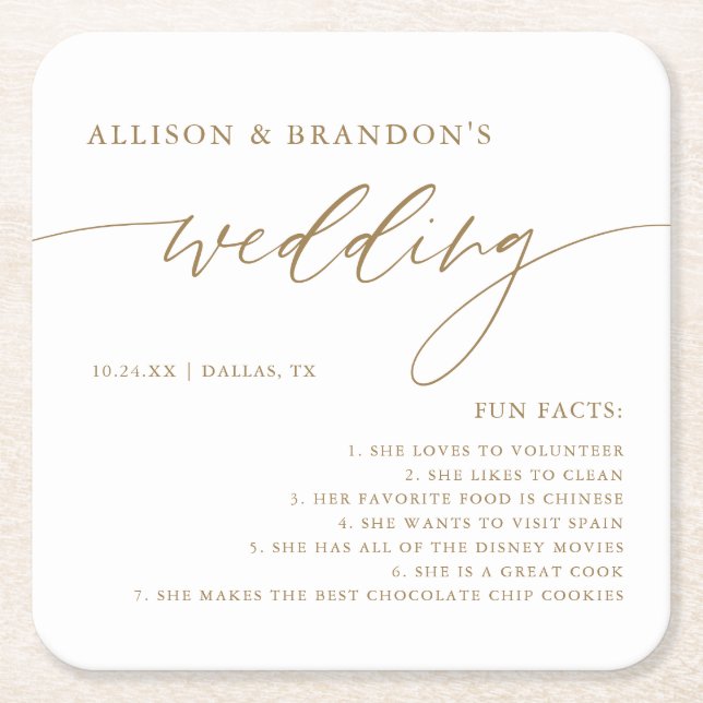 Guld Rustic Elegant bröllop Roligt Facts Napkins Underlägg Papper Kvadrat (Framsidan)