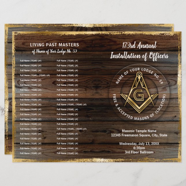 Guld Rustic Wood Bifold Masonic Programme Template (Fram/baksida)