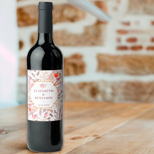 Guld Rustik Boho Chic Höst Vilda Blommor Bröllop Vinflaska Etikett (Skapare uppladdad)