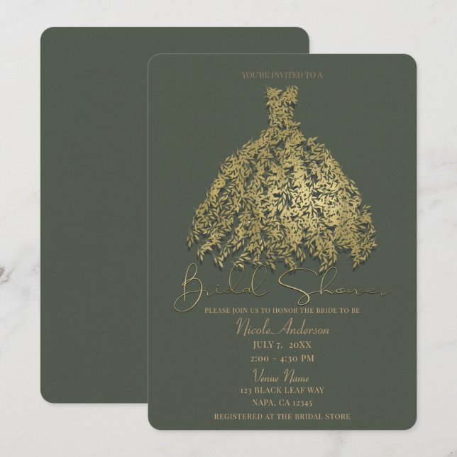 Guld & Rustik Grön Botanisk Bröllopsdammklänning Inbjudningar (Fram/baksida)