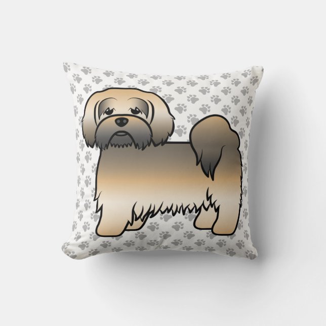Guld Sable Lhasa Apso Tecknad Hund & Tassar Kudde (Framsida)