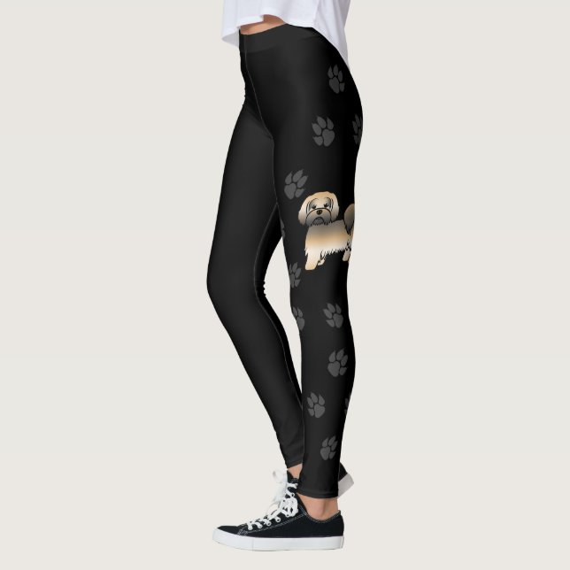 Guld Sable Lhasa Apso Tecknad Hund & Tassar Leggings (Vänster)