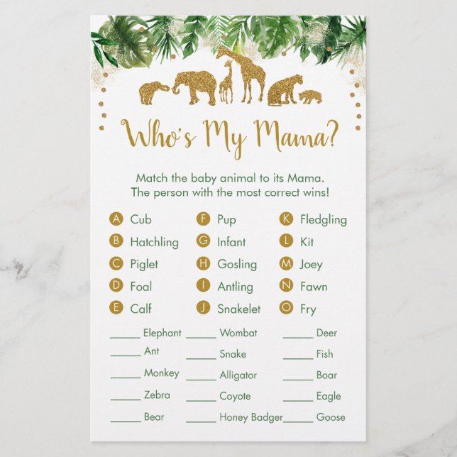 Guld Safari Animal Baby djur Match Game (Framsida)