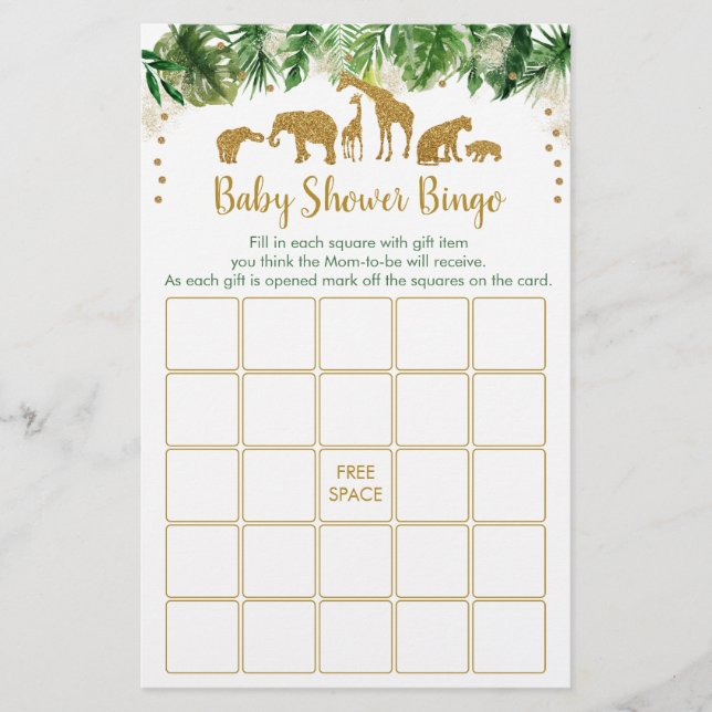 Guld Safari Animal Baby Shower Bingo Game (Framsida)