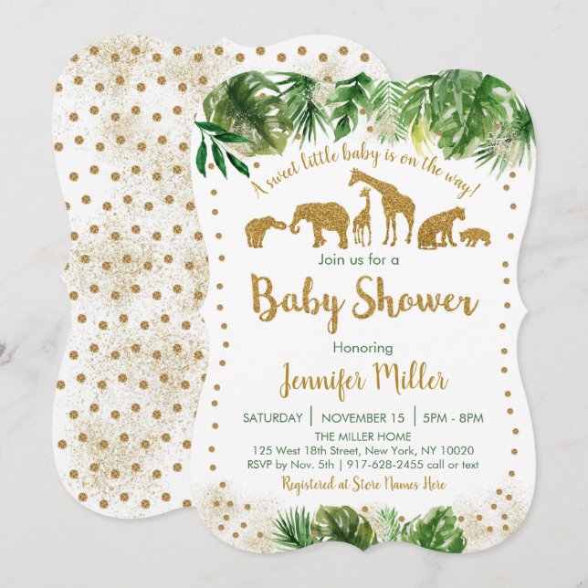 Guld Safari Animal Baby Shower Die cut Inbjudningar (Fram/baksida)