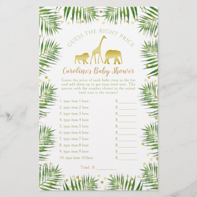 Guld Safari Animals Baby Shower gissar Prist spel (Framsida)