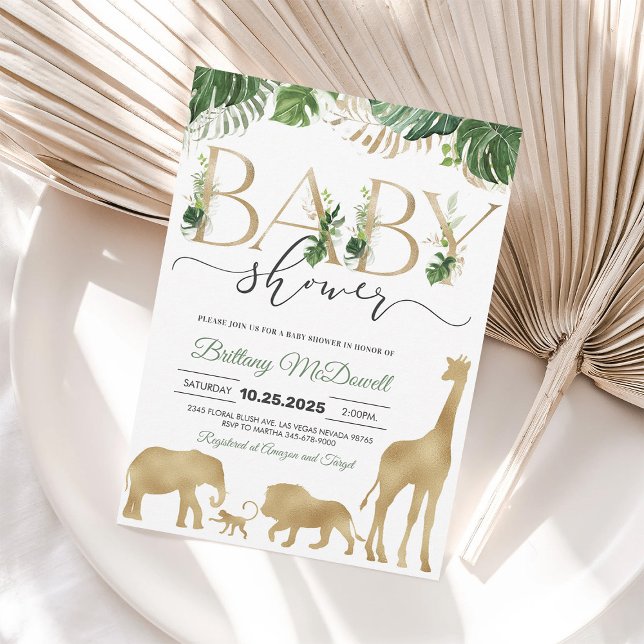 Guld Safari Elefant Giraff Bebis Shower Inbjudan (Skapare uppladdad)