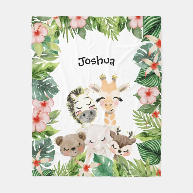 Guld Safari Friends | Vattenfärgad Blommigt Greene Fleecefilt (Framsidan)