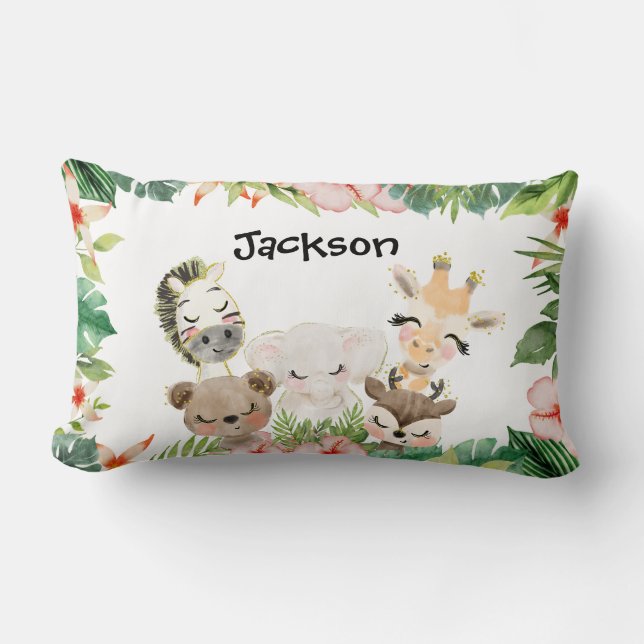 Guld Safari Friends | Vattenfärgad Blommigt Greene Lumbarkudde (Framsida)