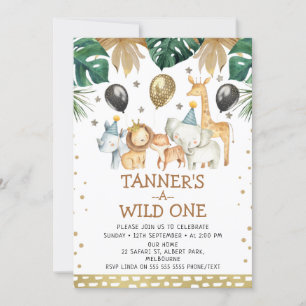 Guld Safari Mönster Vild 1 Safari Birthday Inbjudningar