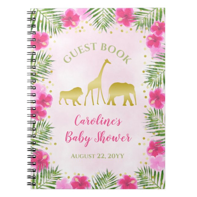 Guld Safari Rosa Blommigt Baby Shower Guest Bok Anteckningsbok (Framsidan)