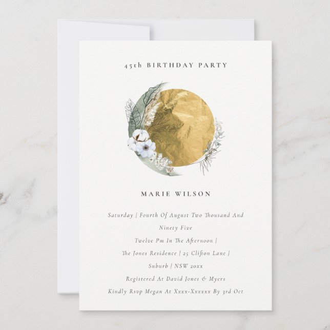 Guld Saga Grönt Blommigt Utandning Ålder Födelseda Tack Kort (Framsida)