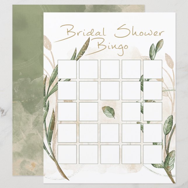 Guld Sage Grön Blommig Bröllopsdusch Bingo (Fram/baksida)
