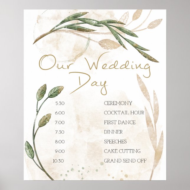 Guld Sage Grön Blommig Bröllopsschemaaffisch Poster (Framsidan)