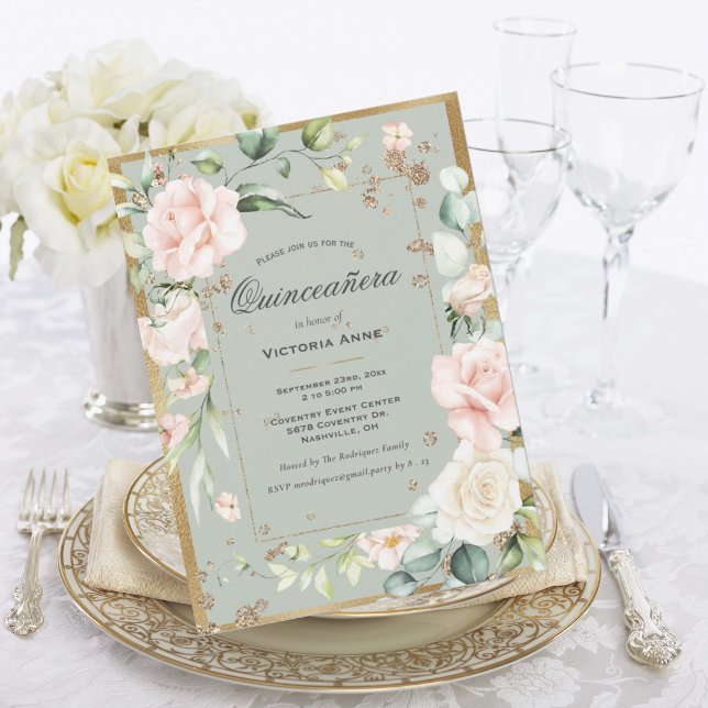 Guld Sage Grön Elegant Blommig Quinceañera Inbjudningar (Skapare uppladdad)