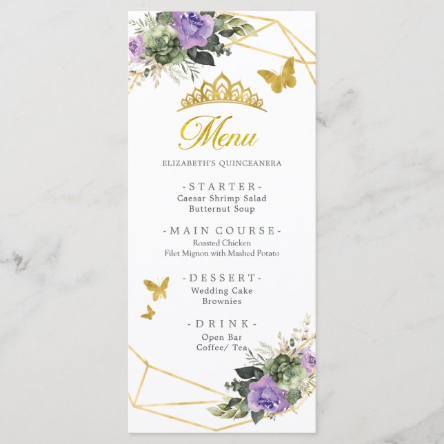 Guld Sage Grönt Lila Princesa Quinceañera Meny (Framsida)