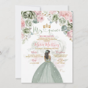 Guld Sage Grönt & Rosa Blommigt Princess Mis Quinc Inbjudningar