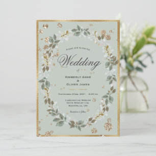 Guld Sage Grönt Watercolor Blommigt Bröllop Inbjudningar