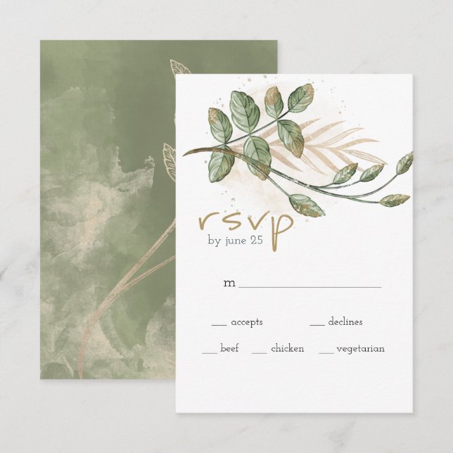 Guld Sagegrön Blommig Bröllops RSVP-kort OSA Kort (Fram/baksida)