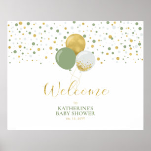 Guld & Sagegröna ballonger   Välkommen till baby s Poster