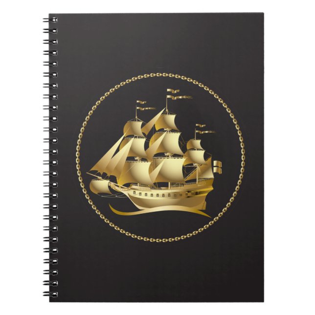 Guld Sailboat Nautical Anteckningsbok Med Spiral (Framsidan)