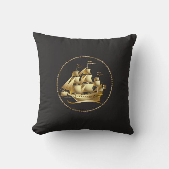 Guld Sailboat Nautical Kudde (Framsida)