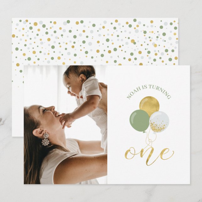 Guld & Saltoballoonger | Pojkens 1-års födelsedags Inbjudningar (Fram/baksida)