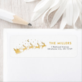 Guld Santa flyger i ett sleigh med renar Returadress Etikett