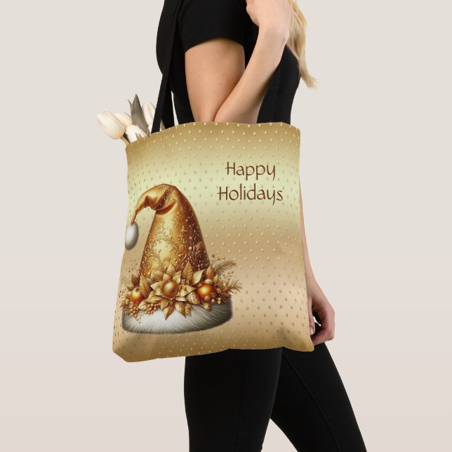 Guld Santa Hatt Holiday Tote Bag Tygkasse (Närbild)