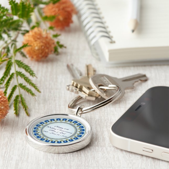 Guld Sapphire Blue 45:e Bröllop-årsdagen Rund Silverfärgad Nyckelring (Sidan)