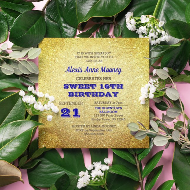 Guld & Sapphire Blue Sparkly Sweet 16-inbjudan Inbjudningar (Skapare uppladdad)
