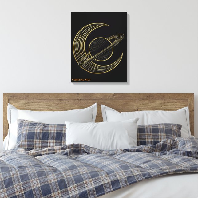 Guld Saturnus Celestiala Halvmåne Konstduk Present Canvastryck (Insitu (sovrum))
