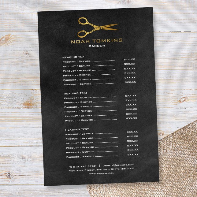 Guld Sax Barber Service Meny Svart Taffel (Gold Scissors Barber Service Menu Chalkboard Flyer)
