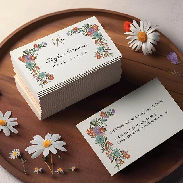 Guld Saxer Blommigt Utandningsluft Stylist Vit Visitkort (Gold Scissor Floral Wreath Hair Stylist White Business Card)