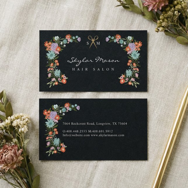 Guld Saxer Blommigt Utandningsluft Svart  Visitkort (Gold Scissor Floral Wreath Hair Stylist Black Business Card)
