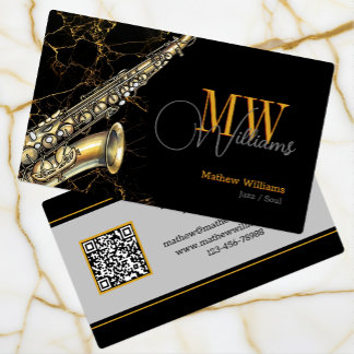 Guld Saxophone Jazz, Black & QR Code, Monogram Visitkort