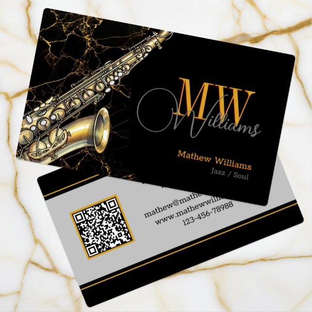 Guld Saxophone Jazz, Black & QR Code, Monogram Visitkort (Saxophone, Monogrammed, Musician Business Card)