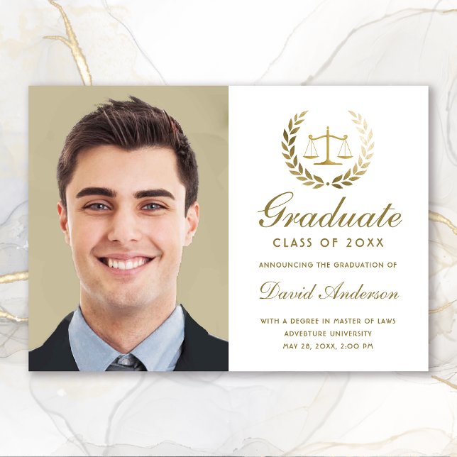 Guld Scale of Justice Law White Studenten Meddelande (Gold Scales of Justice Law White Photo Graduation Announcement)