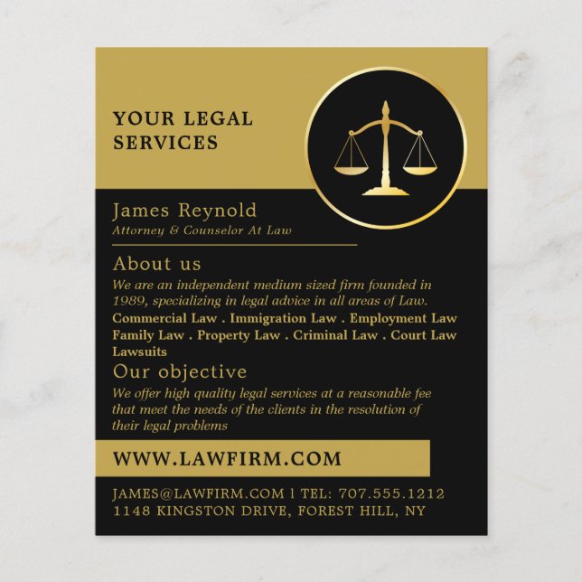 Guld Scale of Justice, Legal Services Advertising Flygblad (Framsidan)
