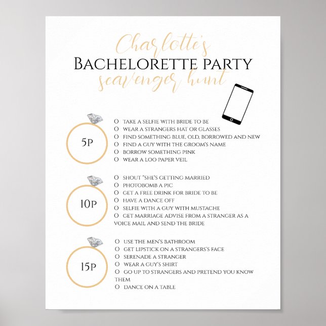 Guld Scavenger Hunt Bachelorette Party Photo Game Poster (Framsidan)