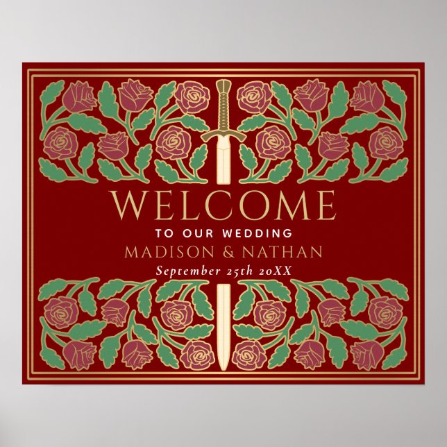Guld scharlakansröd blommig svärd bröllops välkoms poster (Framsidan)