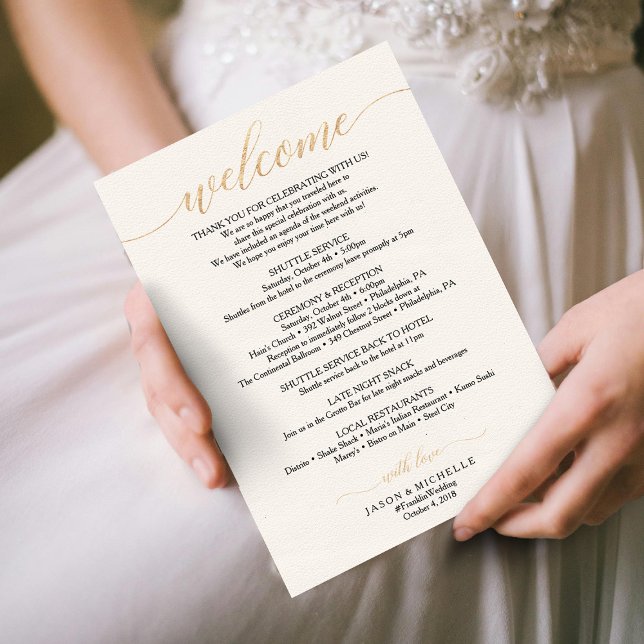 Guld Script Bröllop Itinerary - Bröllop Välkommen Inbjudningar (Skapare uppladdad)