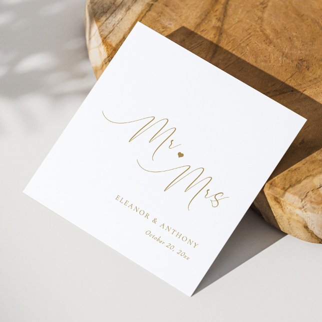 Guld Script Bröllop Napkins | Elegant Pappersservett (Elegant Gold Script Mr and Mrs Love Heart Wedding Napkins)