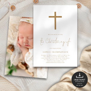 Guld Script Glitter Kor Photo Christening Inbjudningar