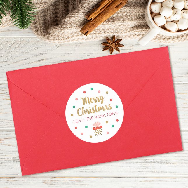Guld Script God jul Runt Klistermärke (A cute Merry Christmas sticker, great for gifts and envelope seals)