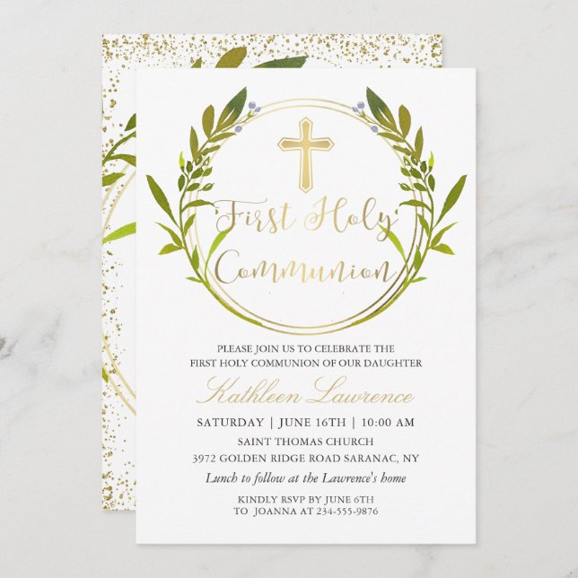 Guld Script Greenery Wandan First Heliga Communion Inbjudningar (Fram/baksida)
