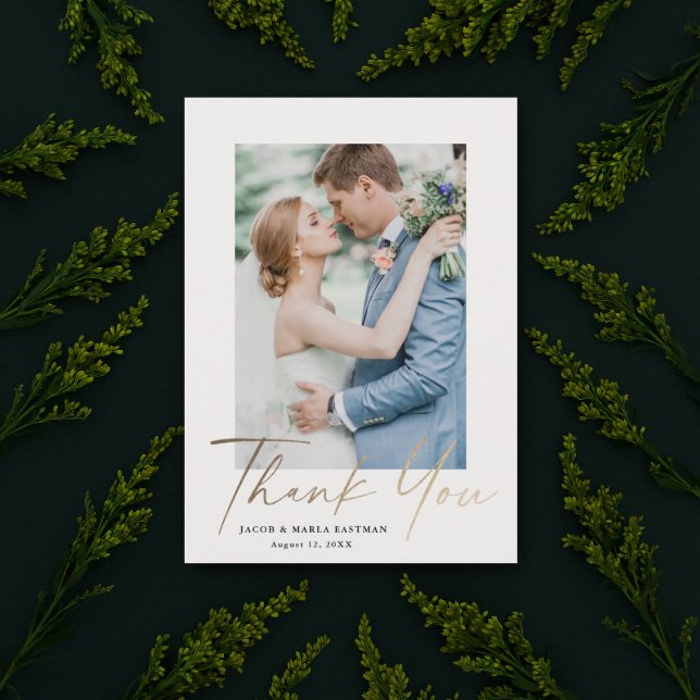 Guld Script Modern Minimal Photo Bröllop Tack Kort (Skapare uppladdad)