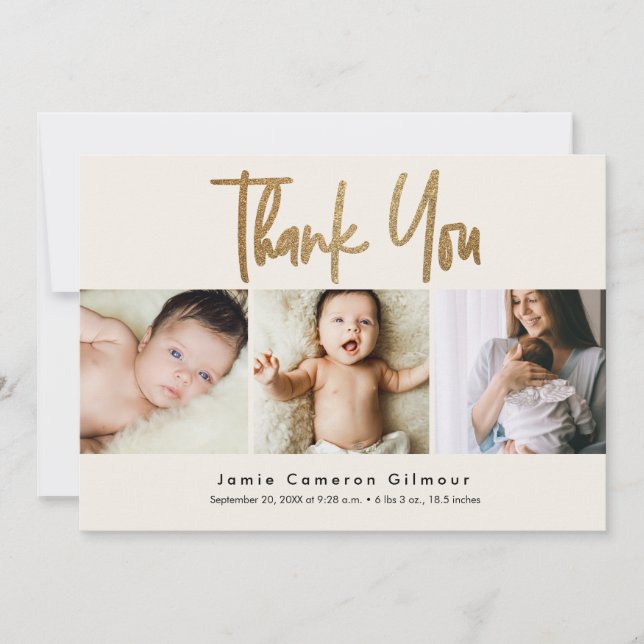 Guld Script Neutralt Cream Beige 3 Baby-foton Tack Kort (Framsida)